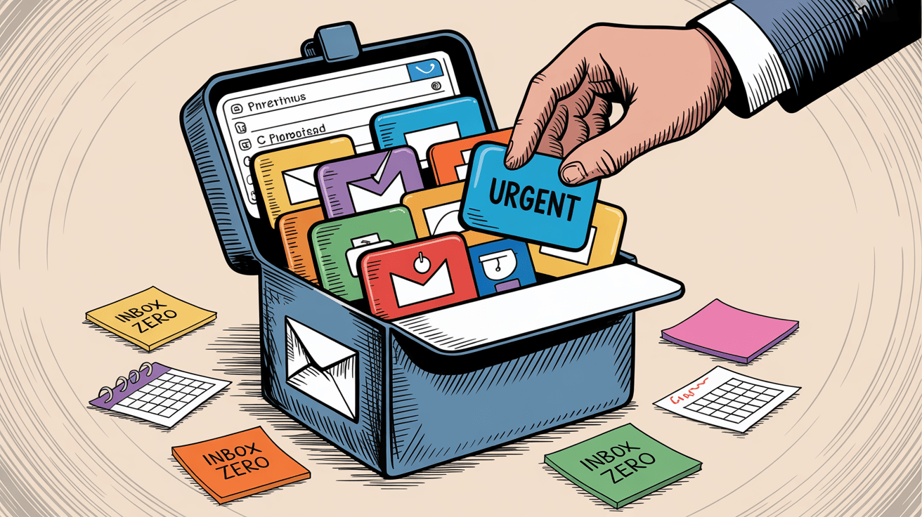 Email management strategies and organization tools represented as organized labeled boxes